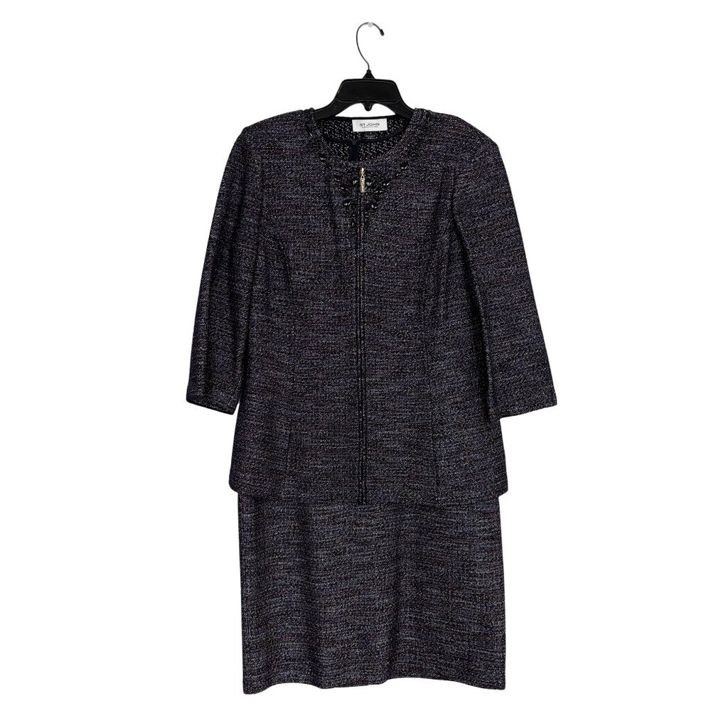 St. John Collection Womens Navy Multi Tweed Knit Jacket & Dress Suit Set Size 12